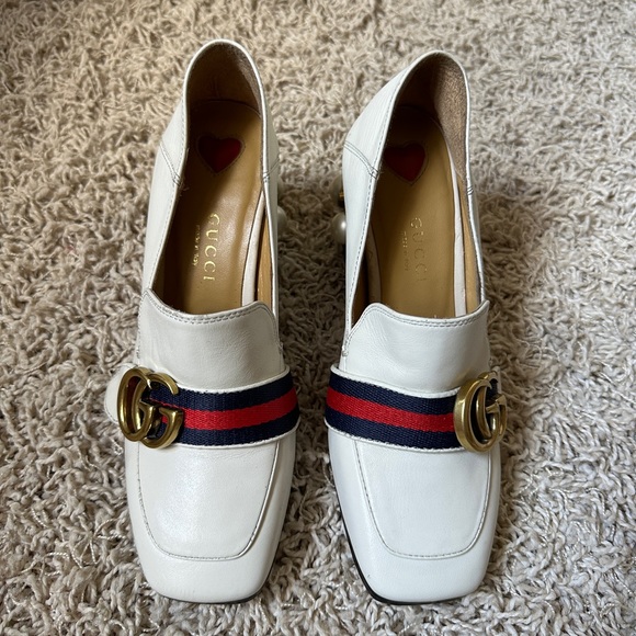 GUCCI Beige Leather Peyton GG Marmont Web Crystal Embellished Block Heel… - Picture 4 of 12
